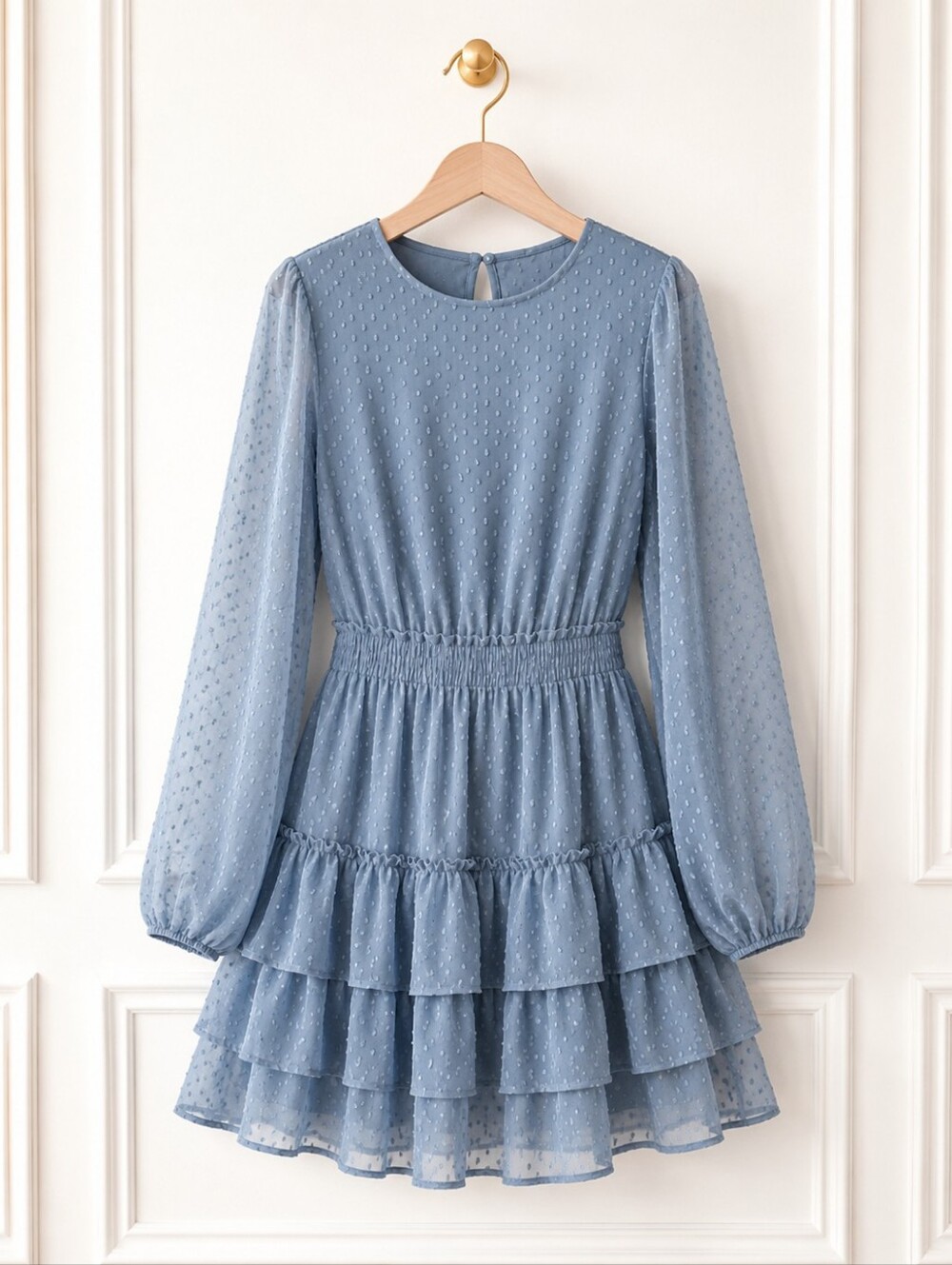 Express Swiss Dot Tiered Mini Dress Blue Long Sleeve Smocked Waist Size Medium - Picture 5 of 8
